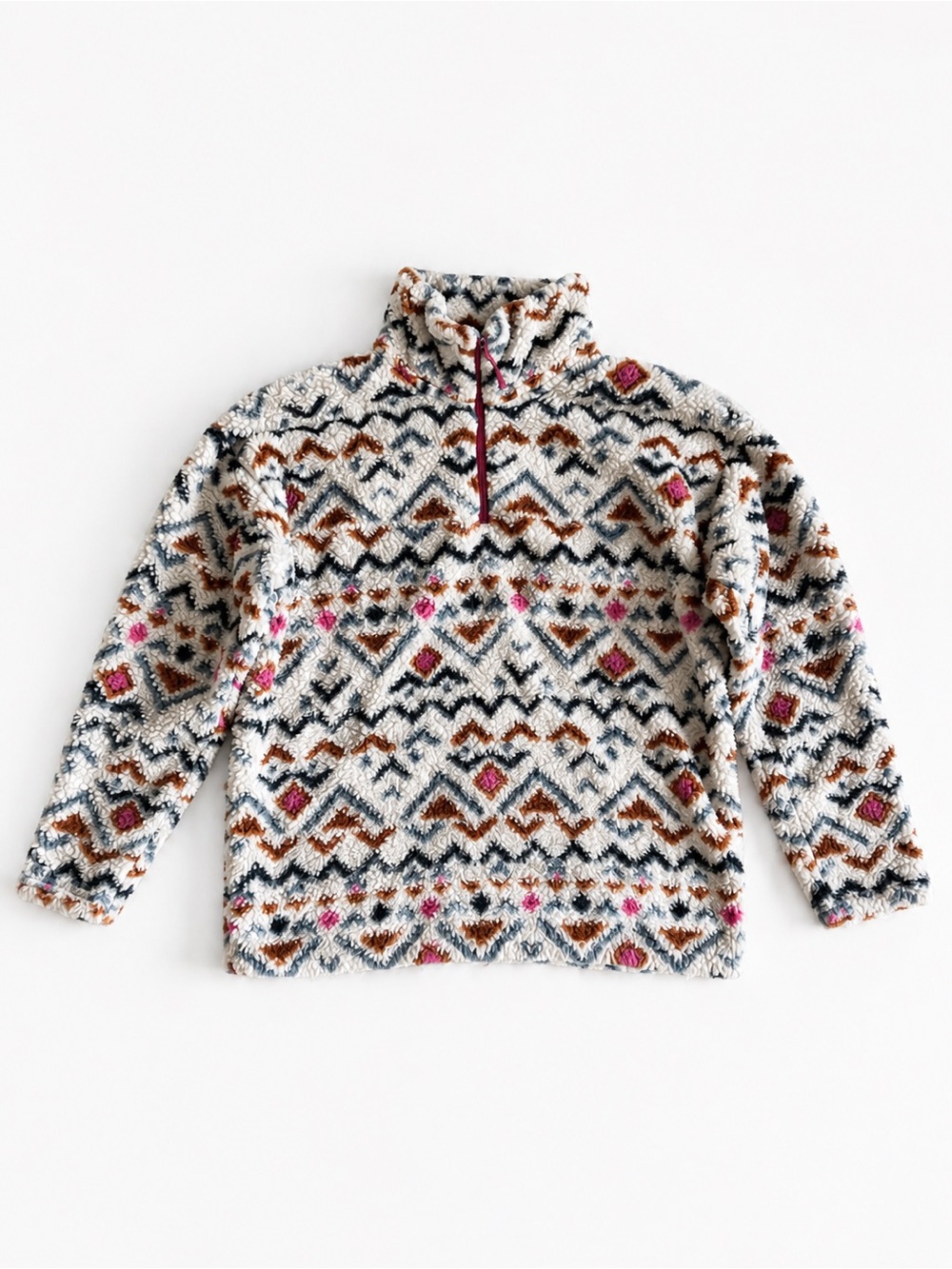 Eddie Bauer Sherpa Fleece Quarter Zip Cozy Pullover Cream Pink Aztec Print Large